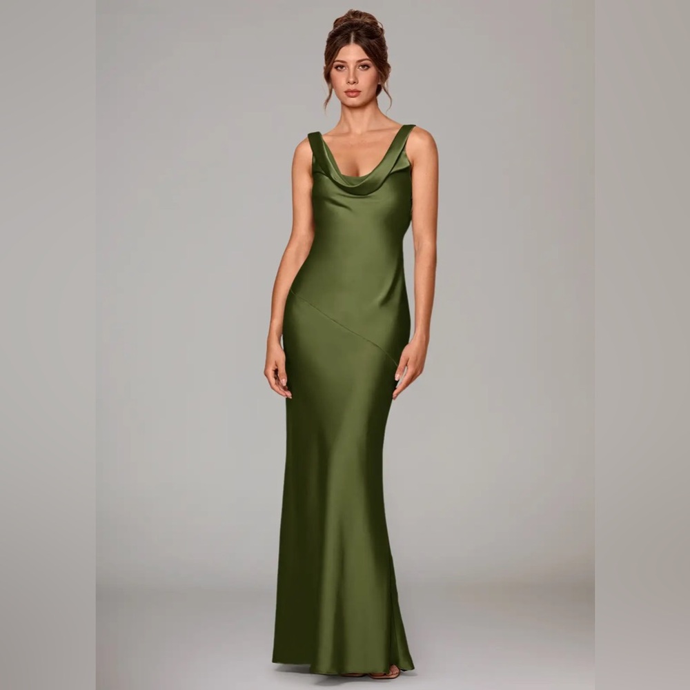 Azazie Rylina Olive Green Satin Cowl Neck Evening Dress Size A4 NEVER WORN
